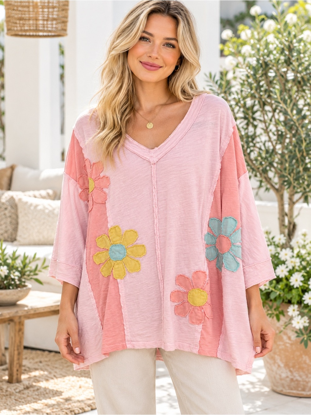 341 easel Pink Patchwork V-Neck Tunic with Floral Appliqués Oversized Large
